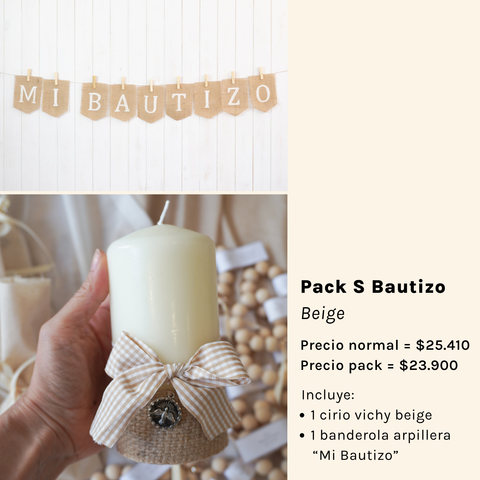 Pack Bautizo - Banderola Arpillera y Cirio Vichy Beige