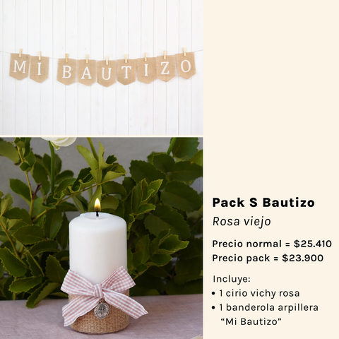 Pack Bautizo - Banderola Arpillera y Cirio Vichy Rosa Viejo
