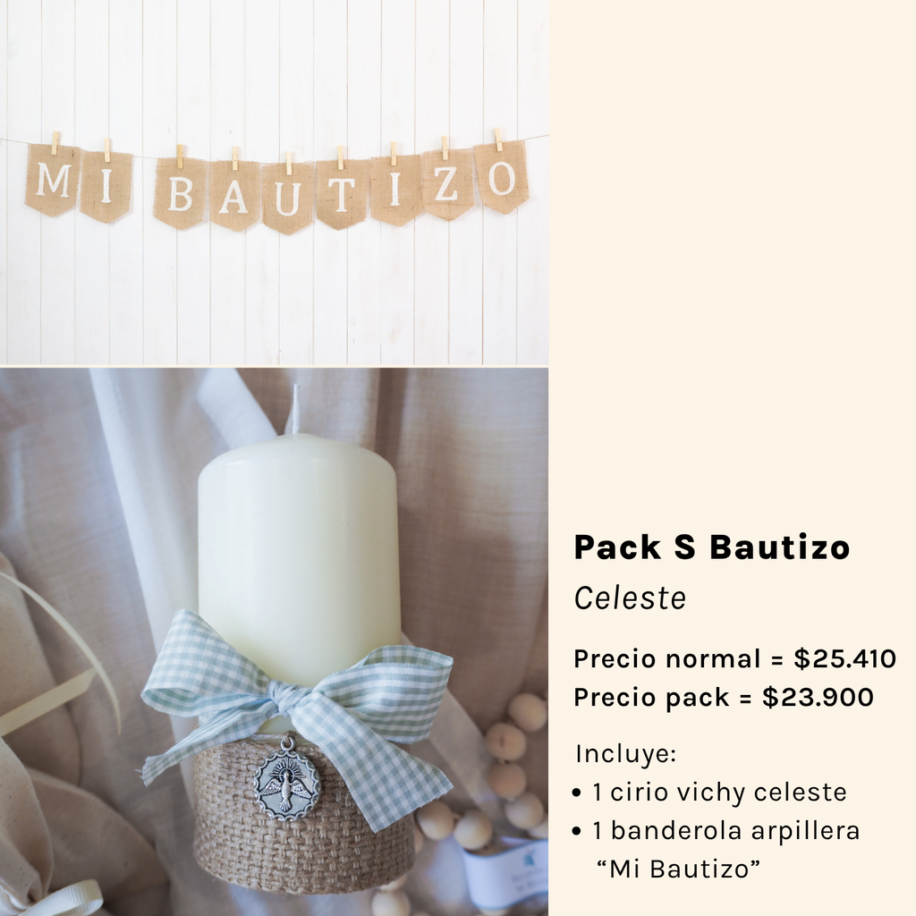Pack Bautizo - Banderola Arpillera y Cirio Vichy Celeste