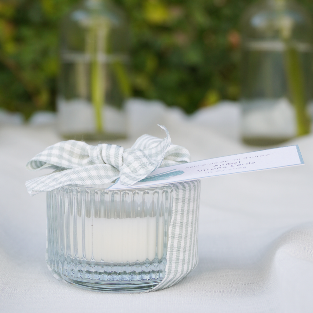 Mini Velas con Portavelas - Vichy Celeste
