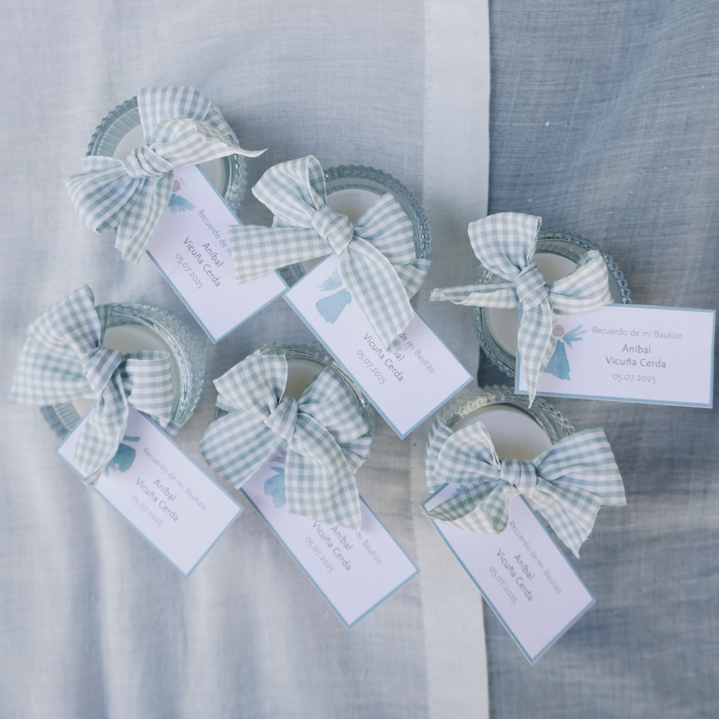 Mini Velas con Portavelas - Vichy Celeste