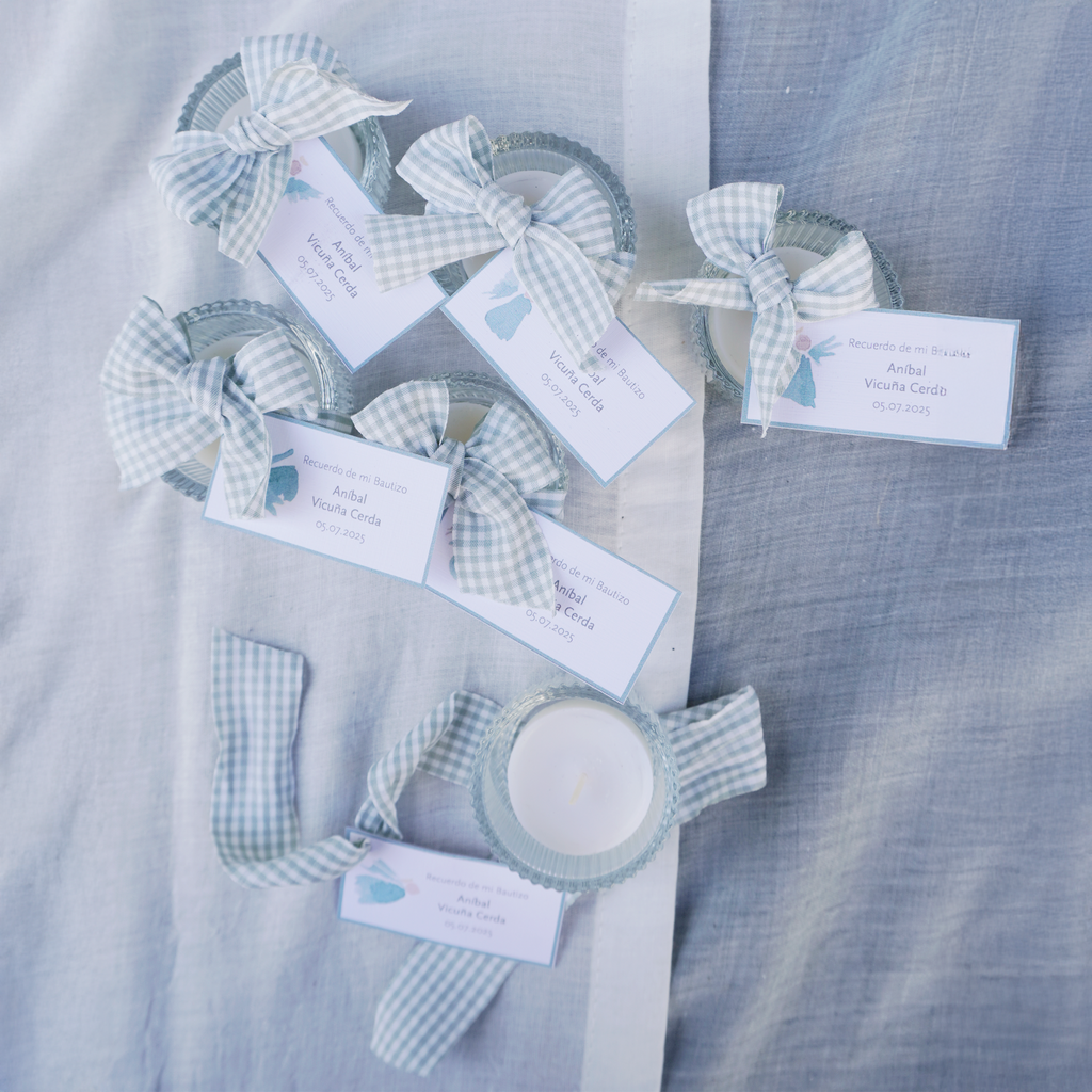Mini Velas con Portavelas - Vichy Celeste