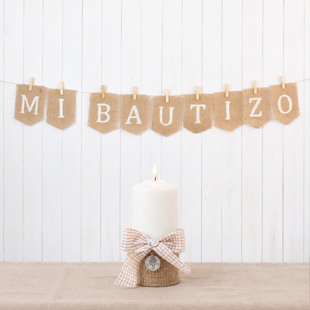 Pack Bautizo Banderola Arpillera y Cirio Vichy Beige