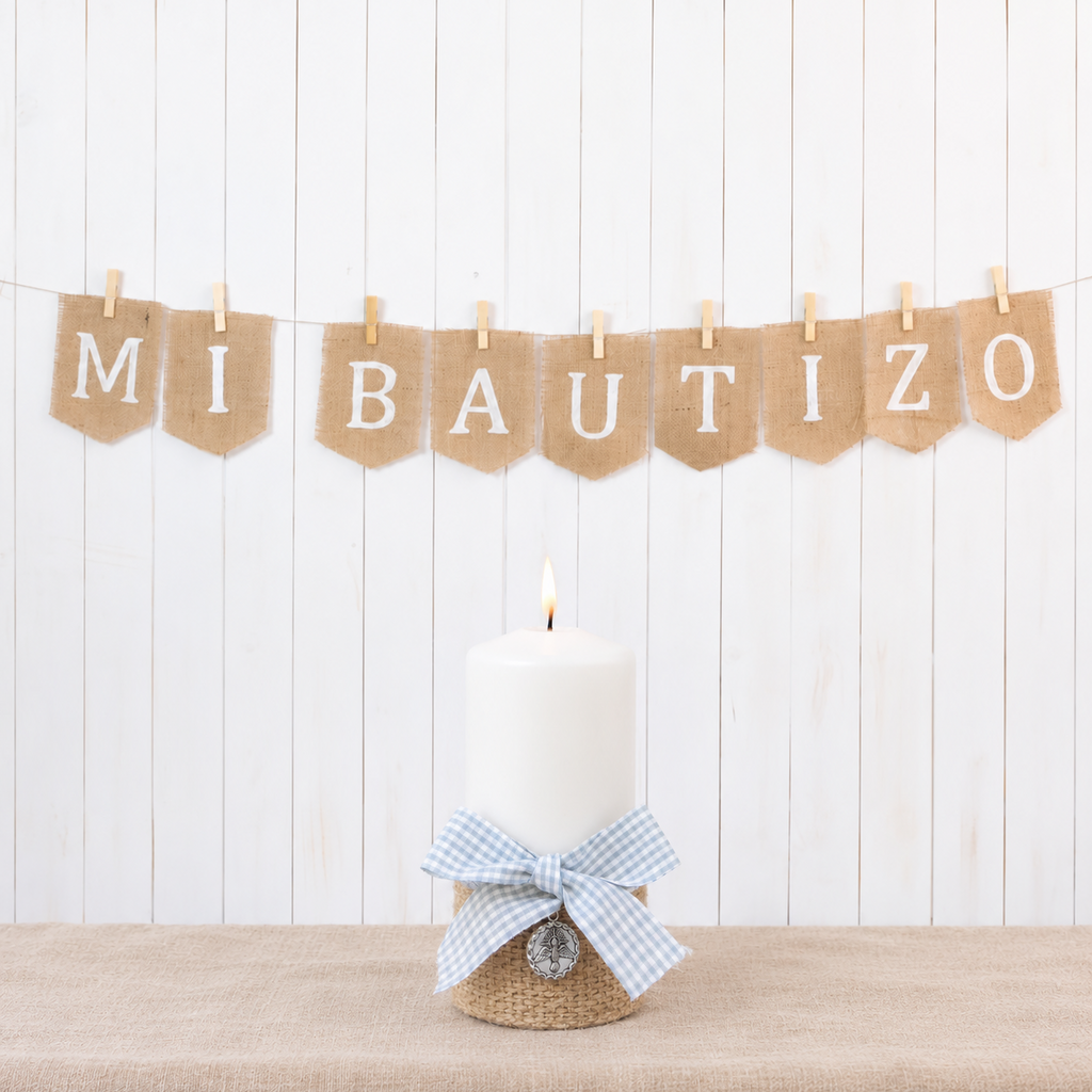 Pack Bautizo - Banderola Arpillera y Cirio Vichy Celeste