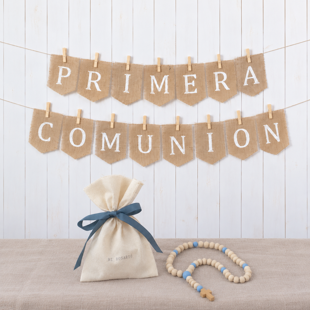 Pack Recuerdo Primera Comunión Banderola y Rosario Celeste