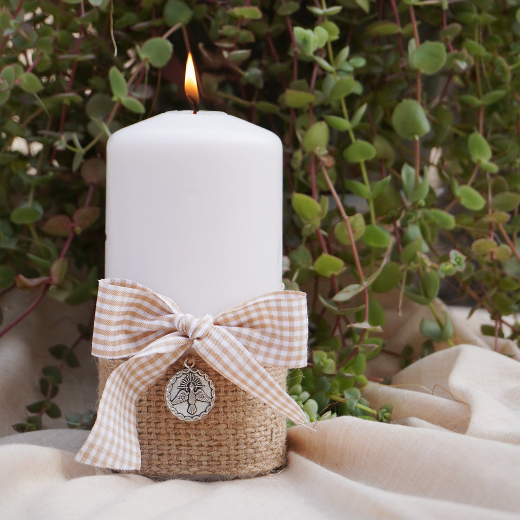 Pack Bautizo Banderola Arpillera y Cirio Vichy Beige